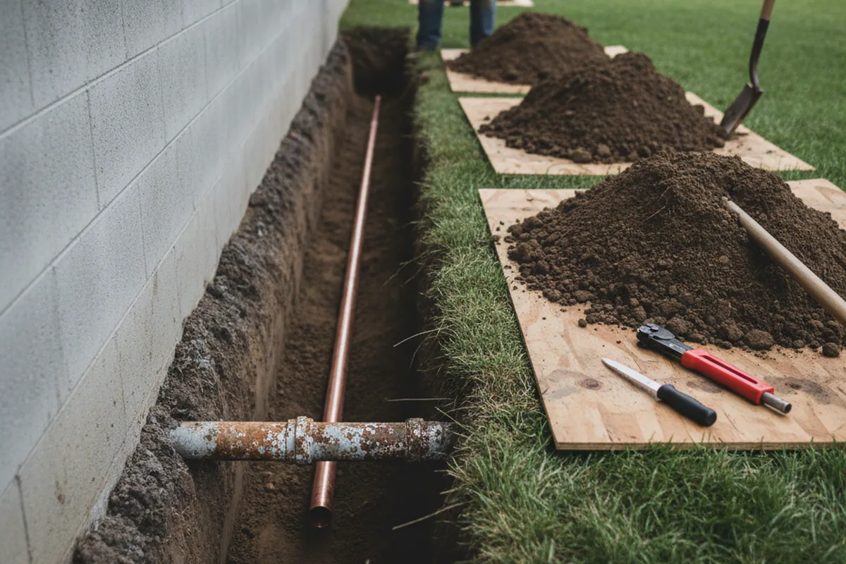 Excavated water line trench during Sewer Line Repair in Galesville